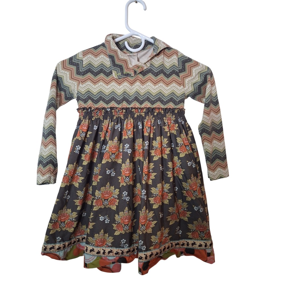 Matilda Jane Girls Size 6 Mixed Print Floral Chevron Long Sleeve Dress fall Flaw